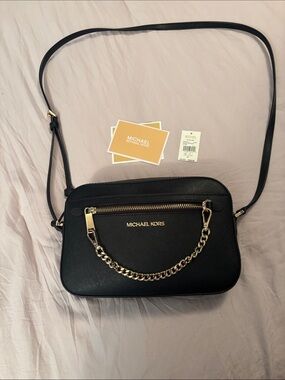 Michael Kors Black Crossbody Bag with Gold Chain Accent